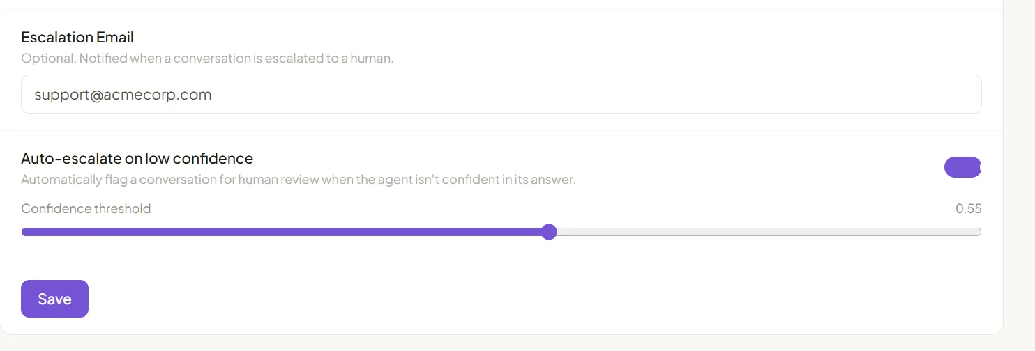 Agent Configuration showing escalation email and confidence threshold