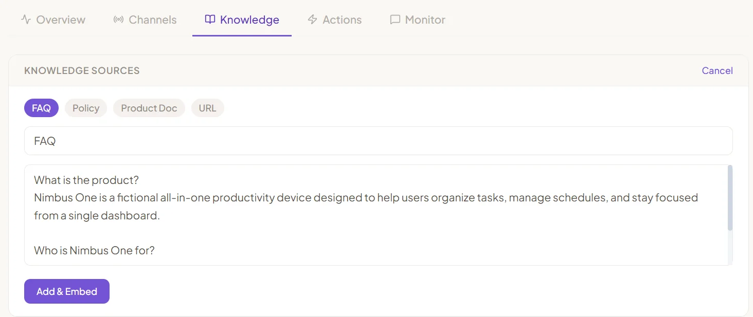 The Knowledge tab with the Add source form open